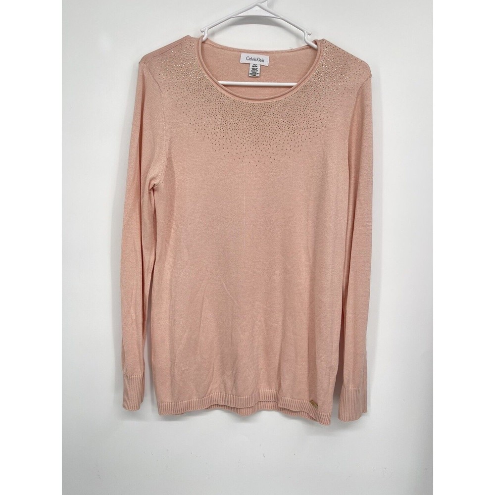 Calvin Klein M Pullover Women Peach Excellent Rhinestone Embellished Crew Neck